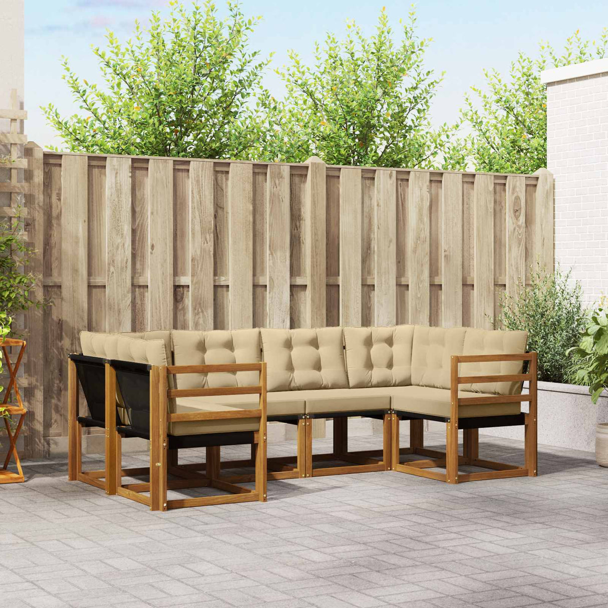 vidaXL Buiten bank set met kussen 6 pcs Natuurlijk en Crème