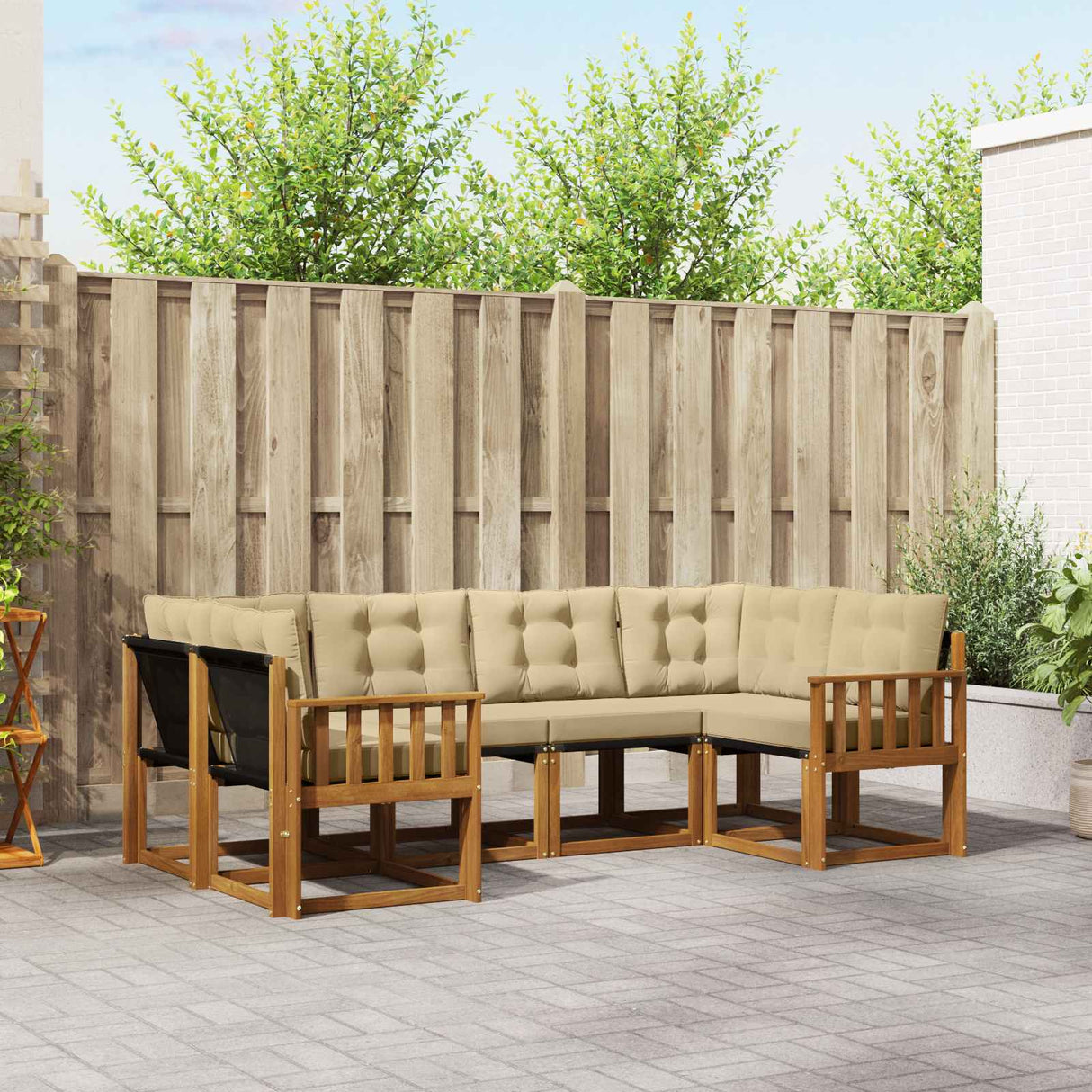 vidaXL Buiten bank set met kussen 6 pcs Natuurlijk en Crème