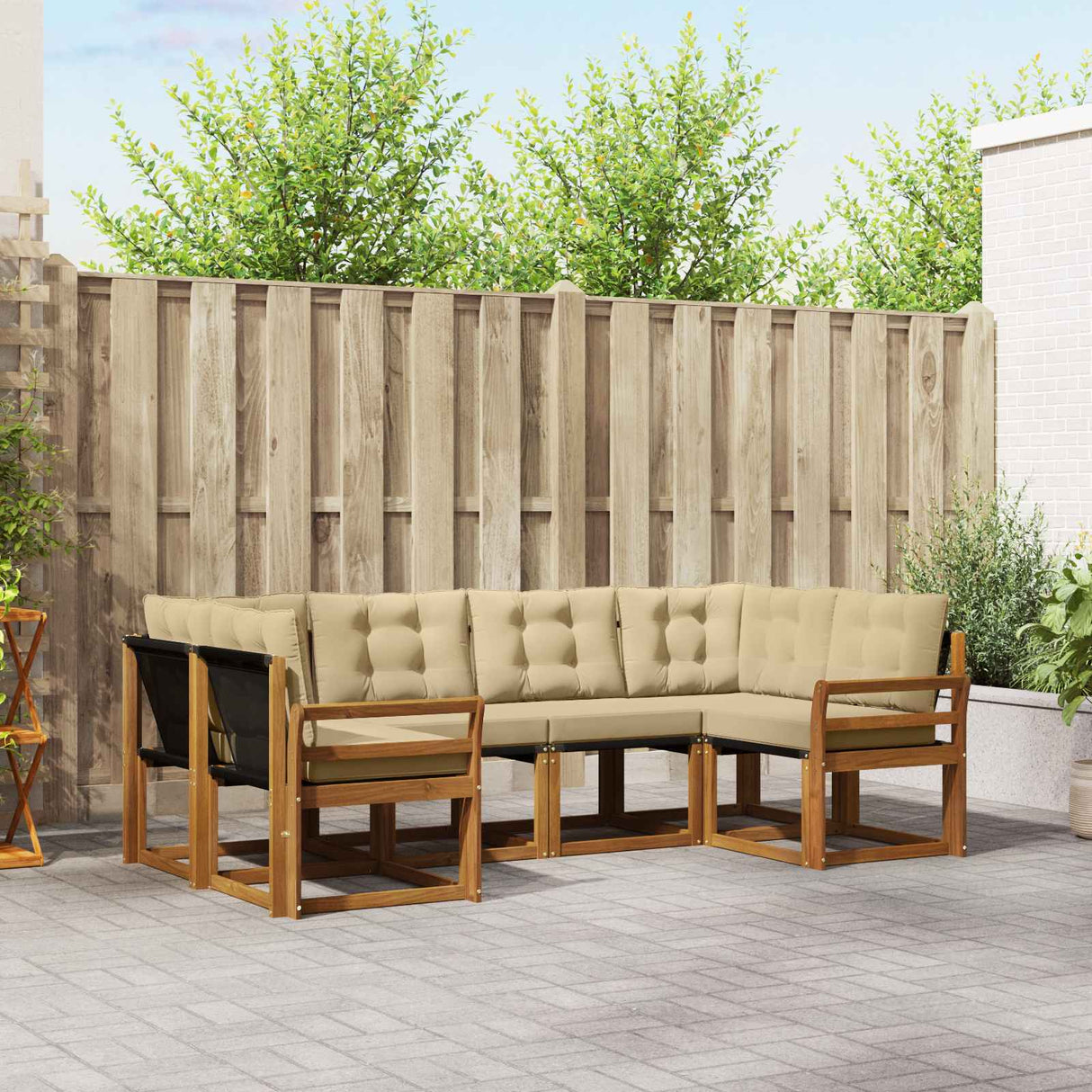 vidaXL Buiten bank set met kussen 6 pcs Natuurlijk en Crème