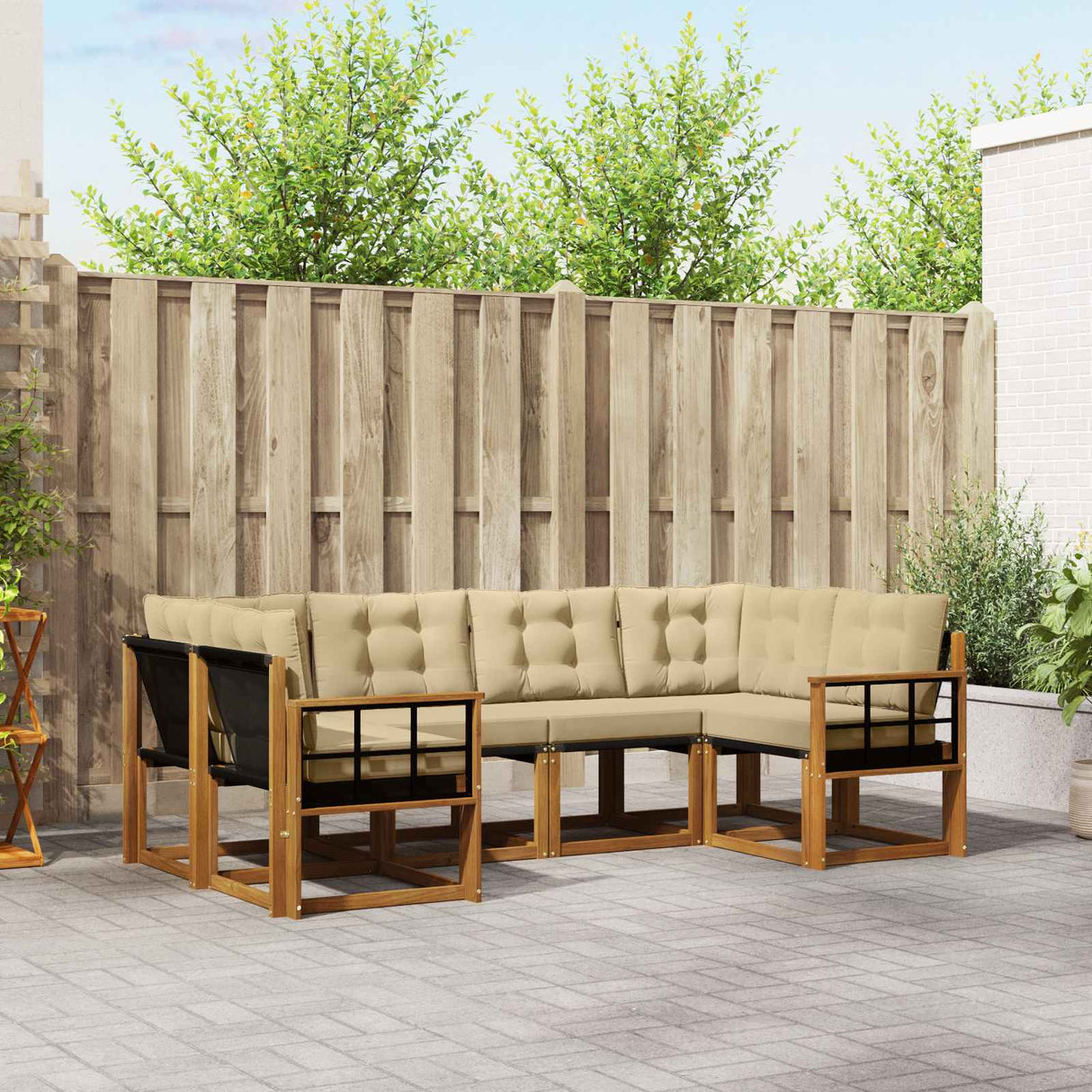 vidaXL Buiten bank set met kussen 6 pcs Natuurlijk en Crème