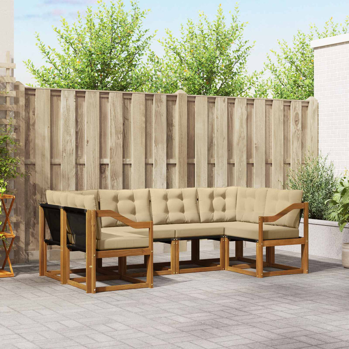 vidaXL Buiten bank set met kussen 6 pcs Natuurlijk en Crème
