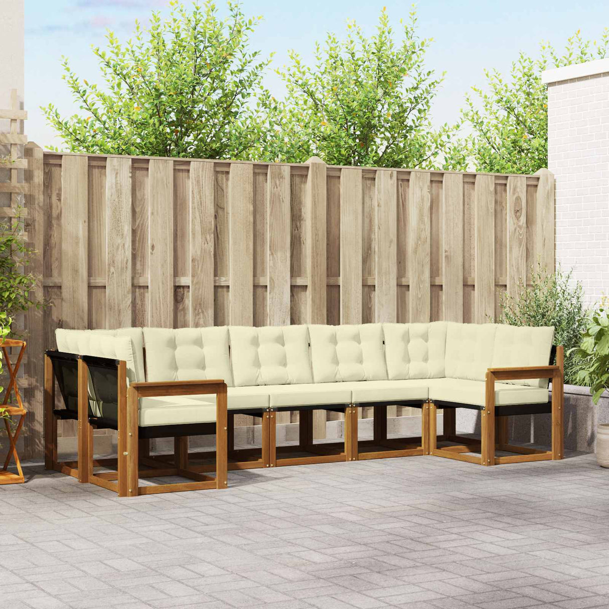vidaXL Buiten bank set met kussen 7 pcs Natuurlijk en Crème