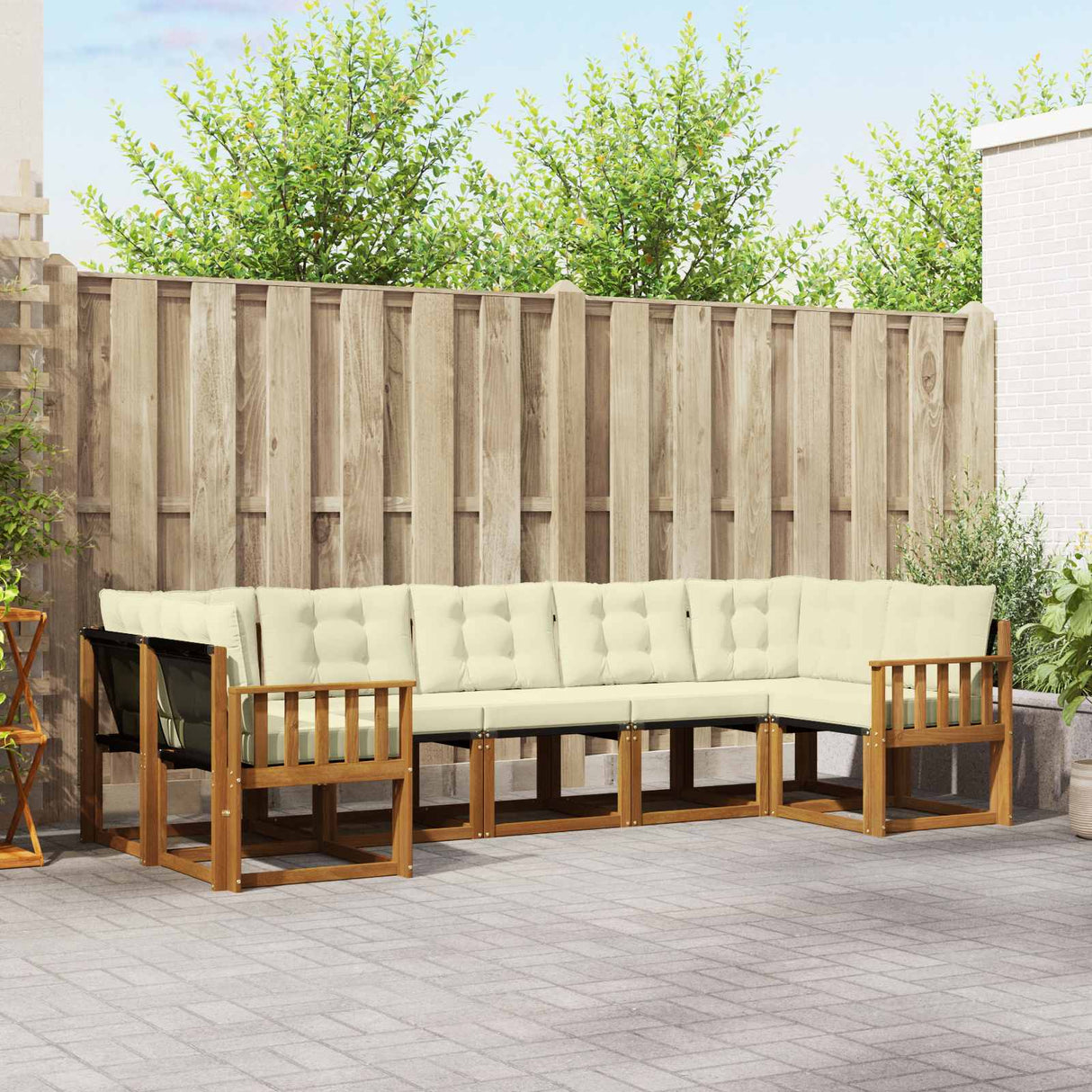 vidaXL Buiten bank set met kussen 7 pcs Natuurlijk en Crème