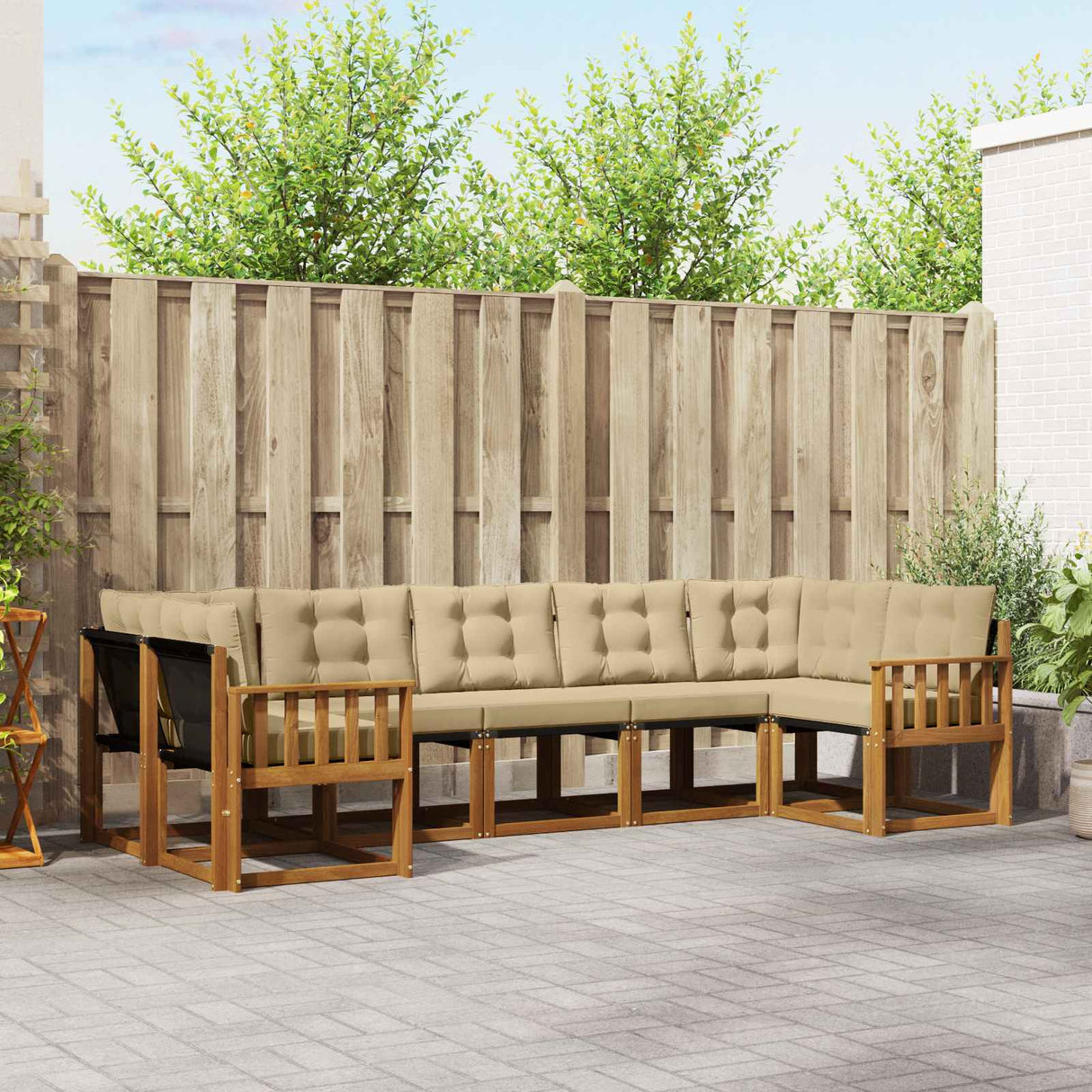 vidaXL Buiten bank set met kussen 7 pcs Natuurlijk en Crème