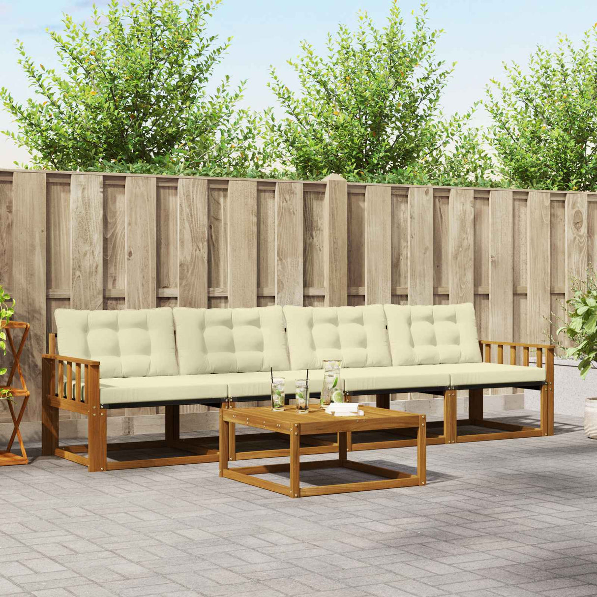 vidaXL Buiten bank set met kussen 5 pcs Natuurlijk en Crème