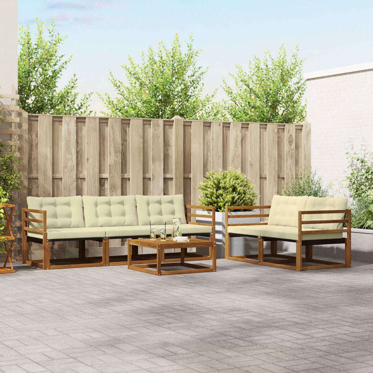 vidaXL Buiten bank set met kussen 6 pcs Natuurlijk en Crème