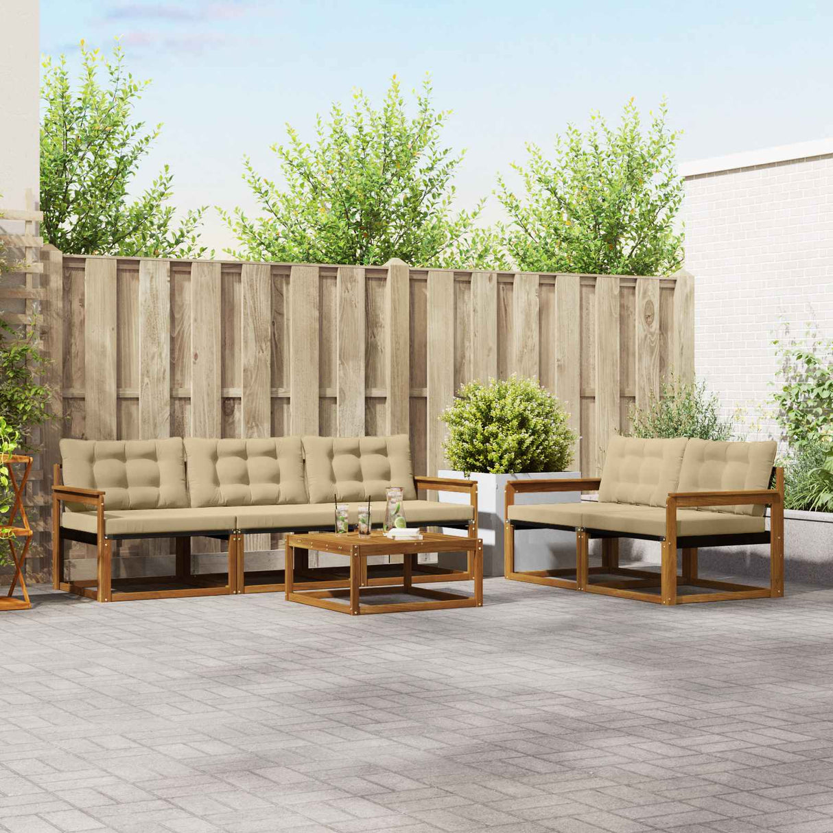 vidaXL Buiten bank set met kussen 6 pcs Natuurlijk en Crème