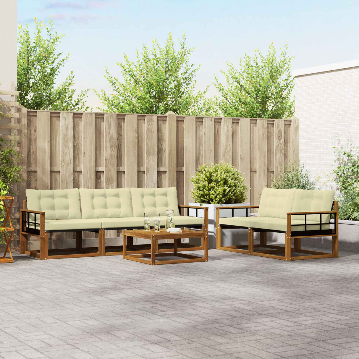 vidaXL Buiten bank set met kussen 6 pcs Natuurlijk en Crème