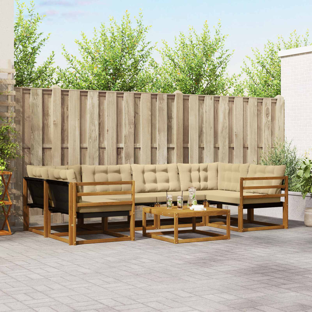 vidaXL Buiten bank set met kussen 7 pcs Natuurlijk en Crème