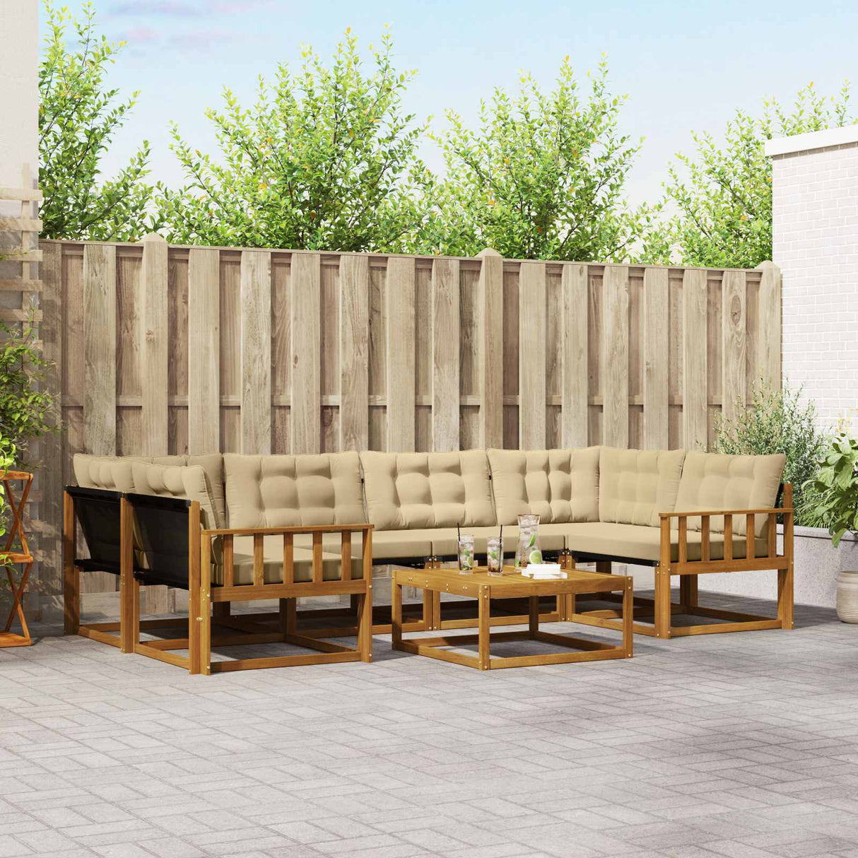 vidaXL Buiten bank set met kussen 7 pcs Natuurlijk en Crème