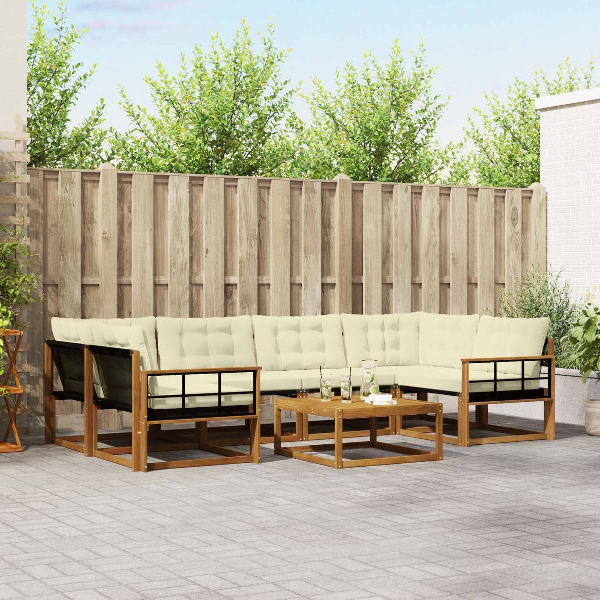 vidaXL Buiten bank set met kussen 7 pcs Natuurlijk en Crème