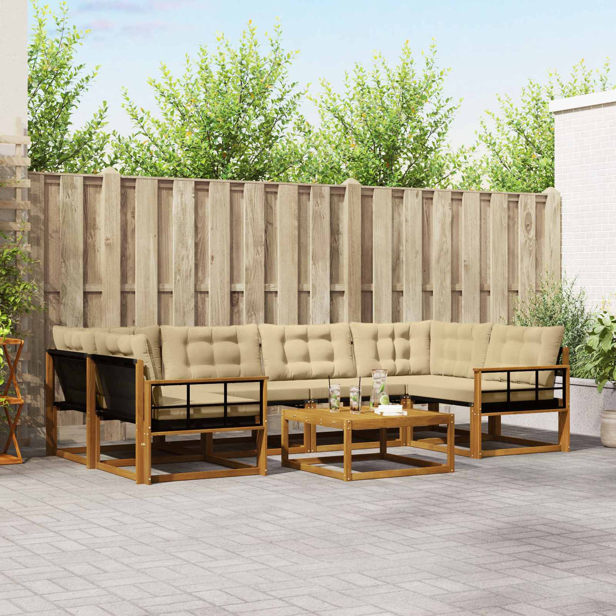 vidaXL Buiten bank set met kussen 7 pcs Natuurlijk en Crème