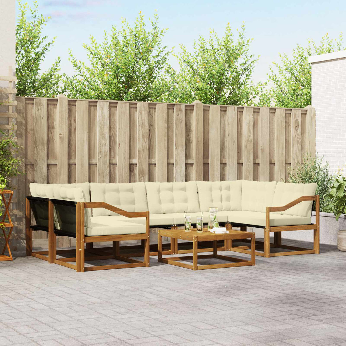 vidaXL Buiten bank set met kussen 7 pcs Natuurlijk en Crème