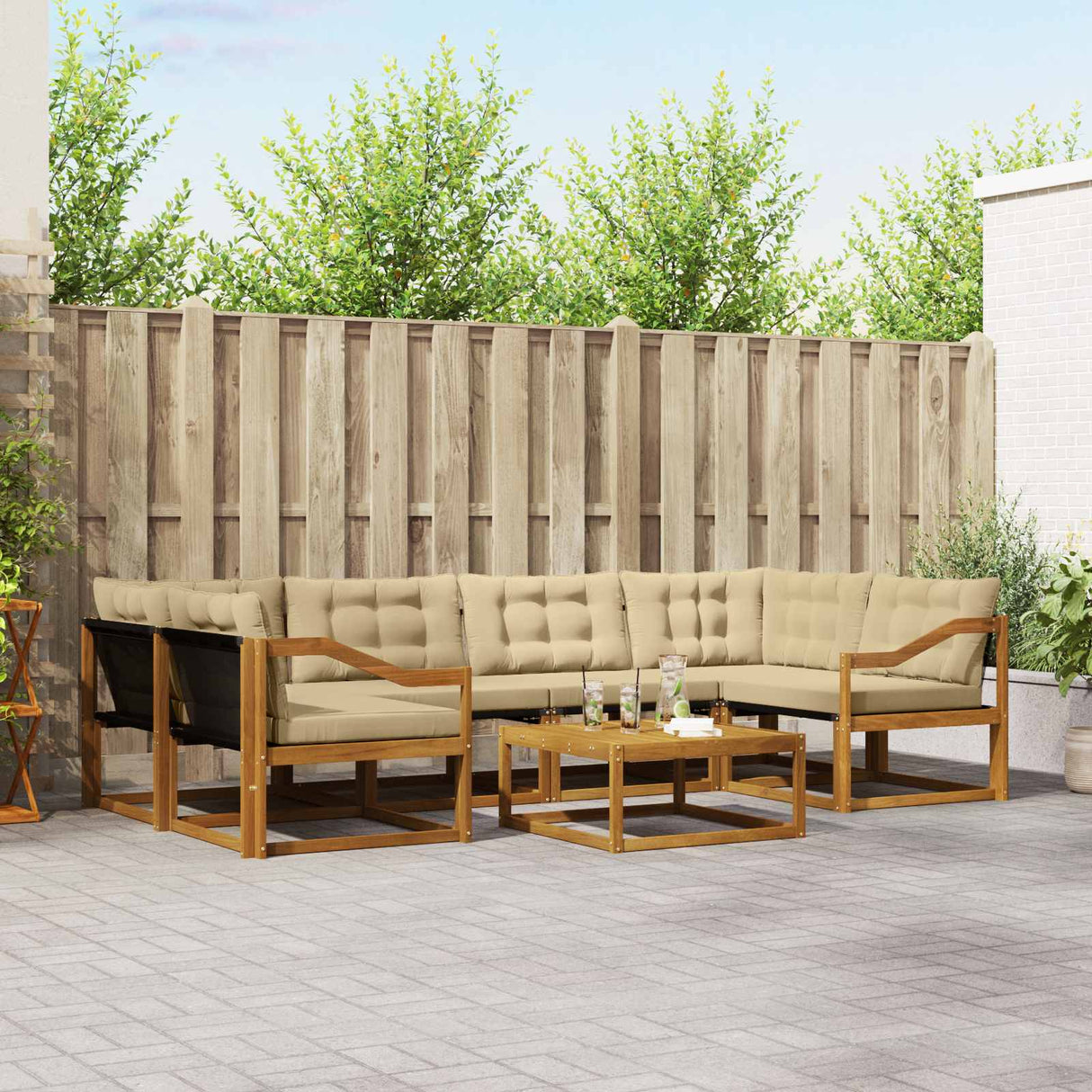 vidaXL Buiten bank set met kussen 7 pcs Natuurlijk en Crème