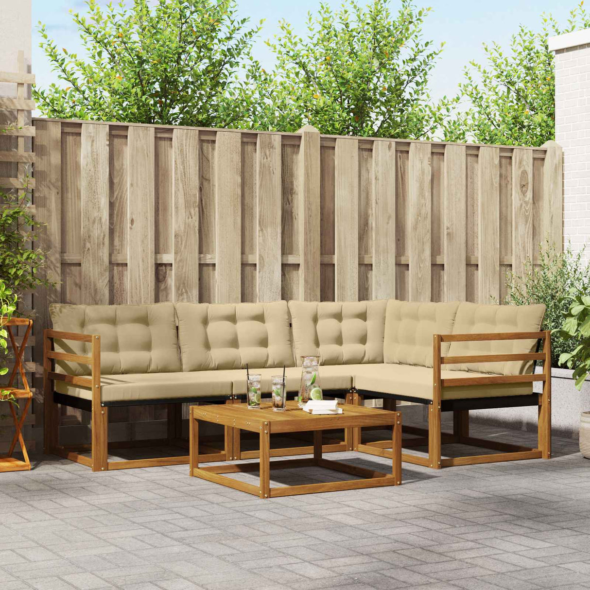 vidaXL Buiten bank set met kussen 5 pcs Natuurlijk en Crème