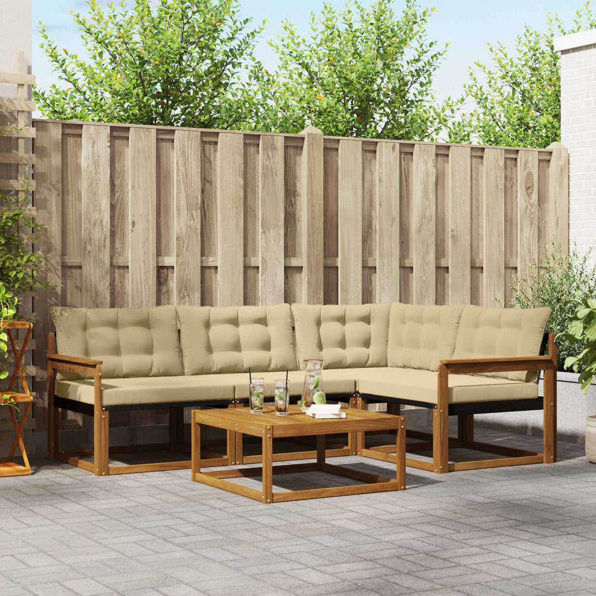 vidaXL Buiten bank set met kussen 5 pcs Natuurlijk en Crème
