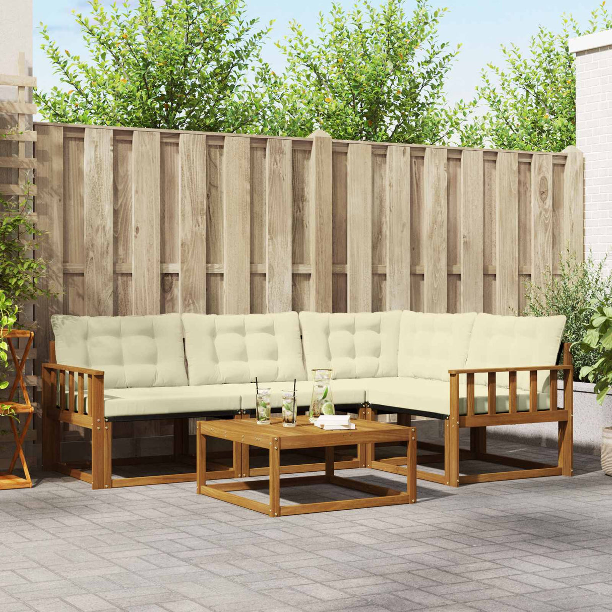vidaXL Buiten bank set met kussen 5 pcs Natuurlijk en Crème