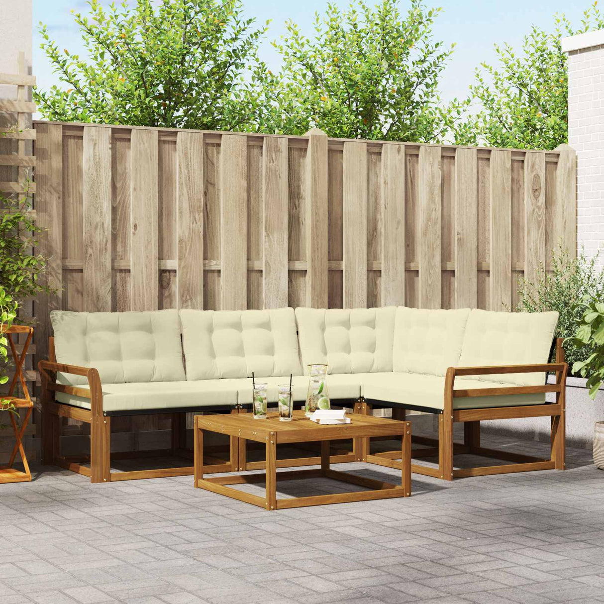 vidaXL Buiten bank set met kussen 5 pcs Natuurlijk en Crème