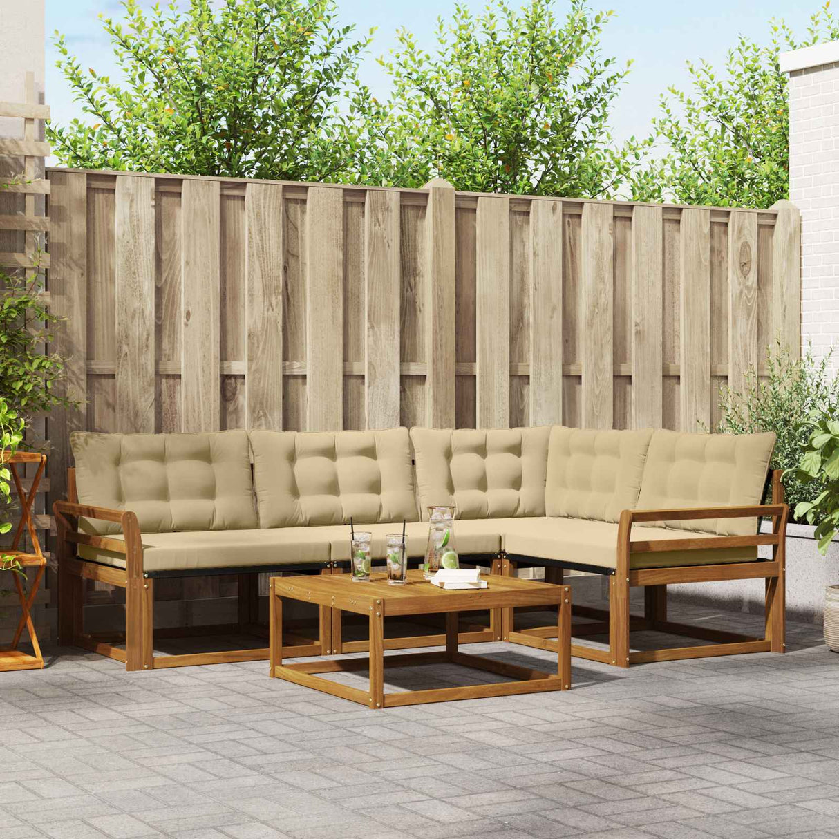 vidaXL Buiten bank set met kussen 5 pcs Natuurlijk en Crème