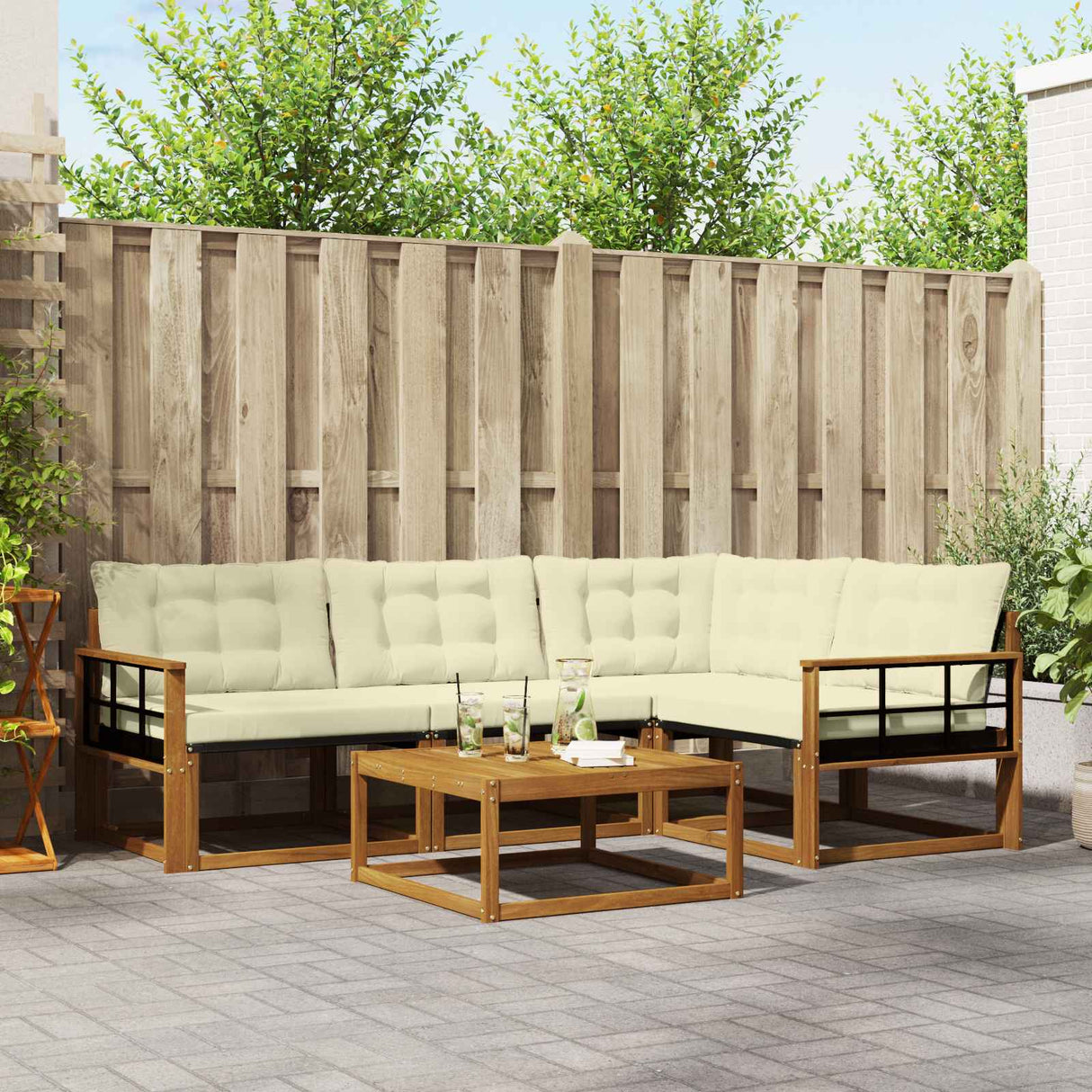 vidaXL Buiten bank set met kussen 5 pcs Natuurlijk en Crème