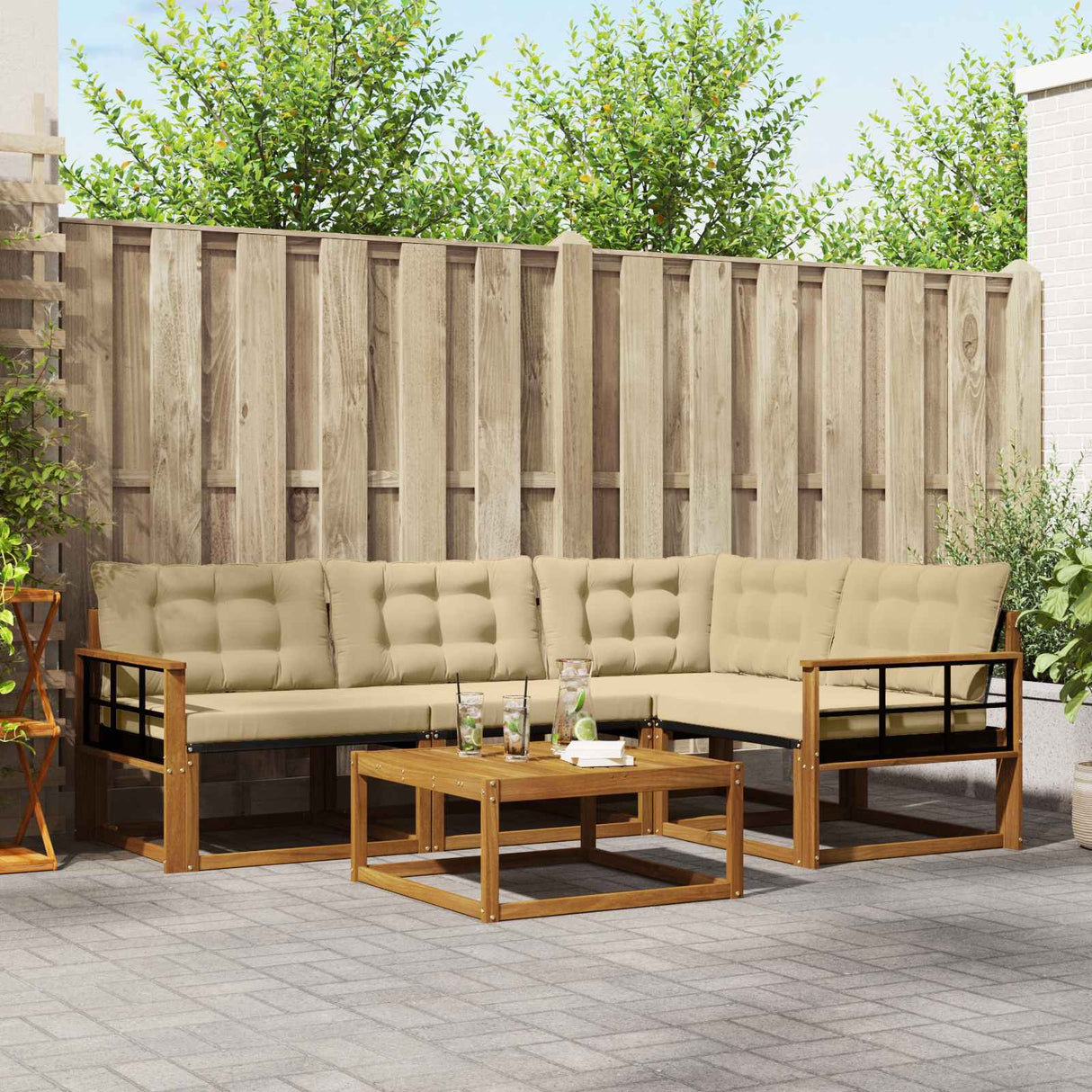 vidaXL Buiten bank set met kussen 5 pcs Natuurlijk en Crème