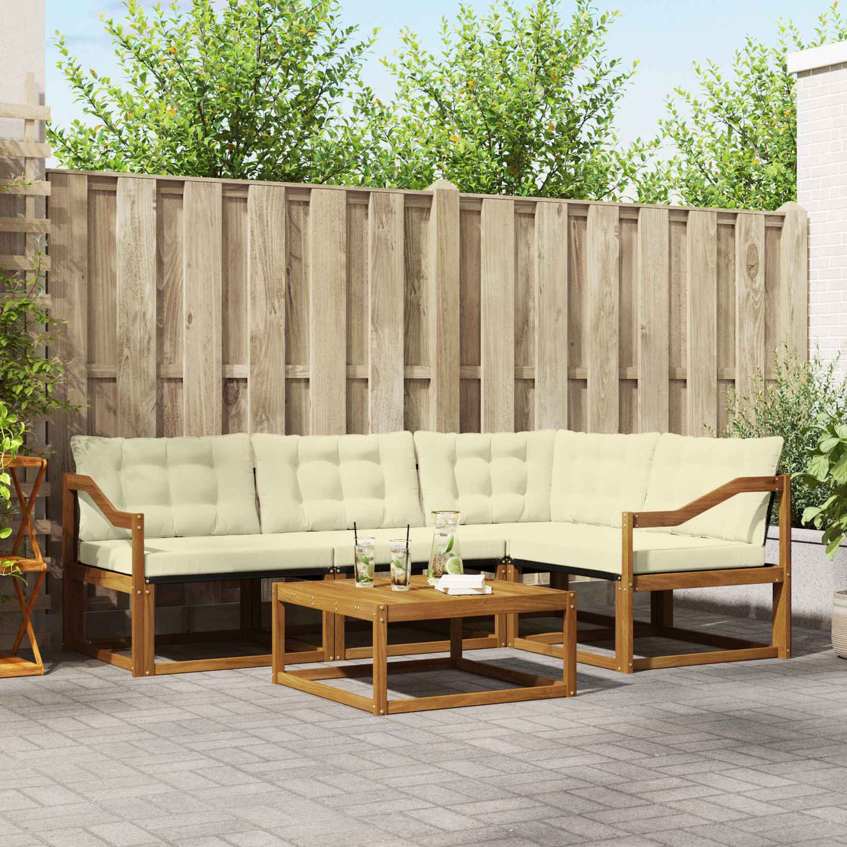 vidaXL Buiten bank set met kussen 5 pcs Natuurlijk en Crème