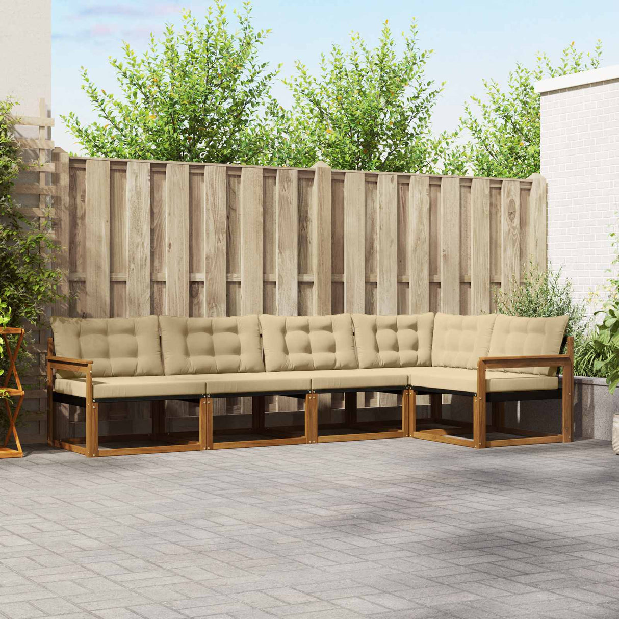 vidaXL Buiten bank set met kussen 5 pcs Natuurlijk en Crème