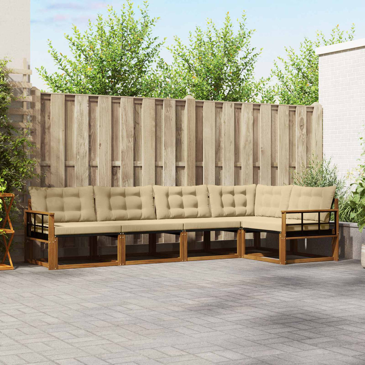 vidaXL Buiten bank set met kussen 5 pcs Natuurlijk en Crème