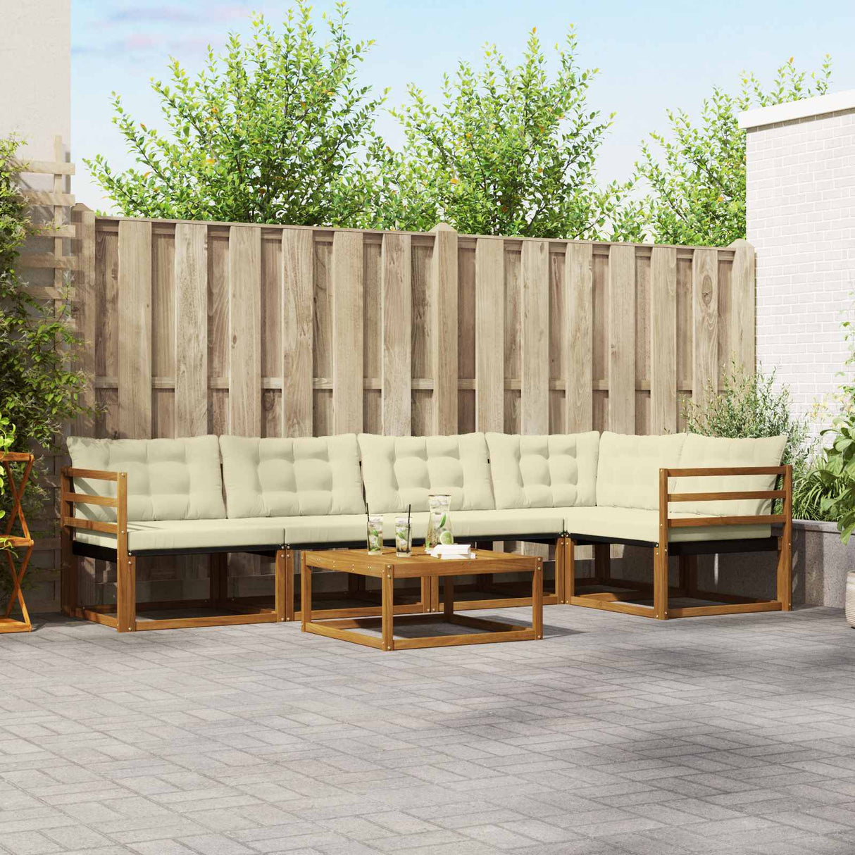 vidaXL Buiten bank set met kussen 6 pcs Natuurlijk en Crème