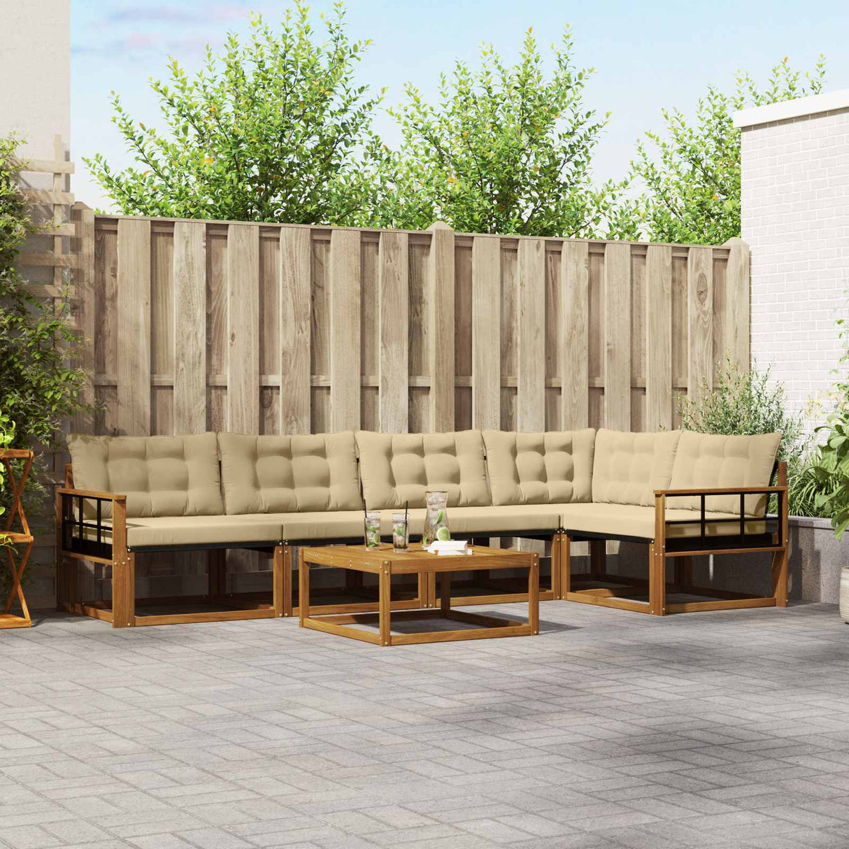 vidaXL Buiten bank set met kussen 6 pcs Natuurlijk en Crème