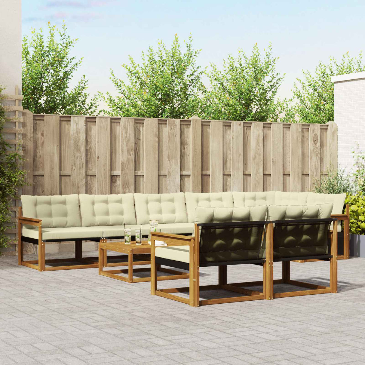 vidaXL Buiten bank set met kussen 9 pcs Natuurlijk en Crème
