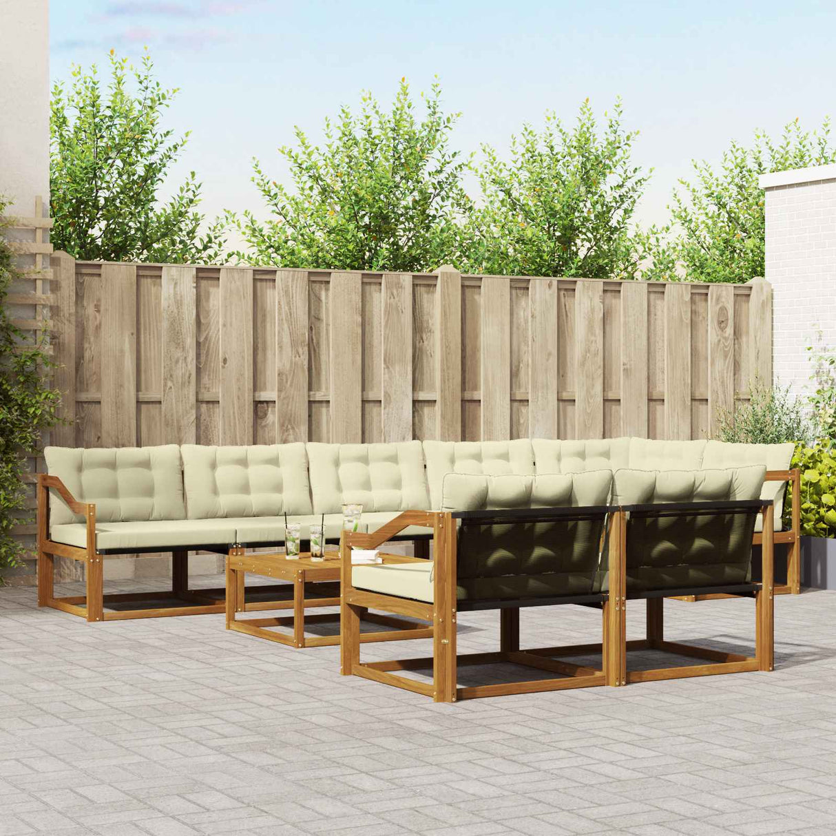 vidaXL Buiten bank set met kussen 9 pcs Natuurlijk en Crème