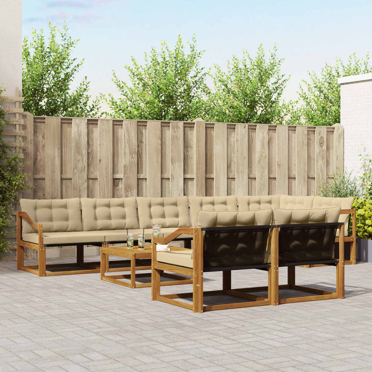 vidaXL Buiten bank set met kussen 9 pcs Natuurlijk en Crème