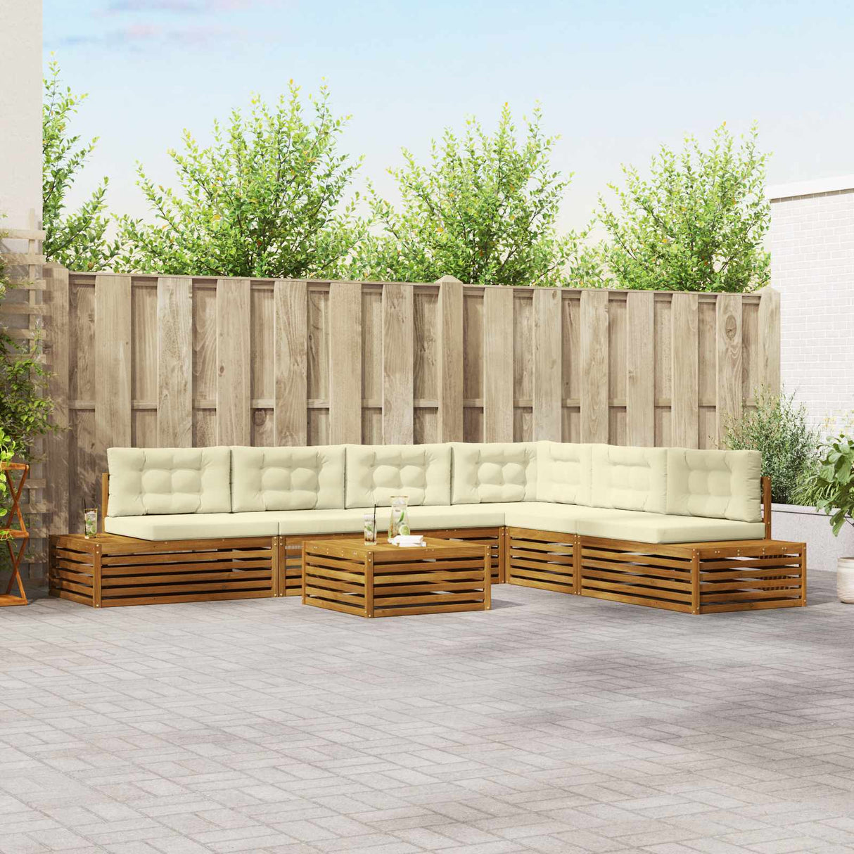 vidaXL Buiten bank set met kussen 7 Stuk Natuurlijk en Crème