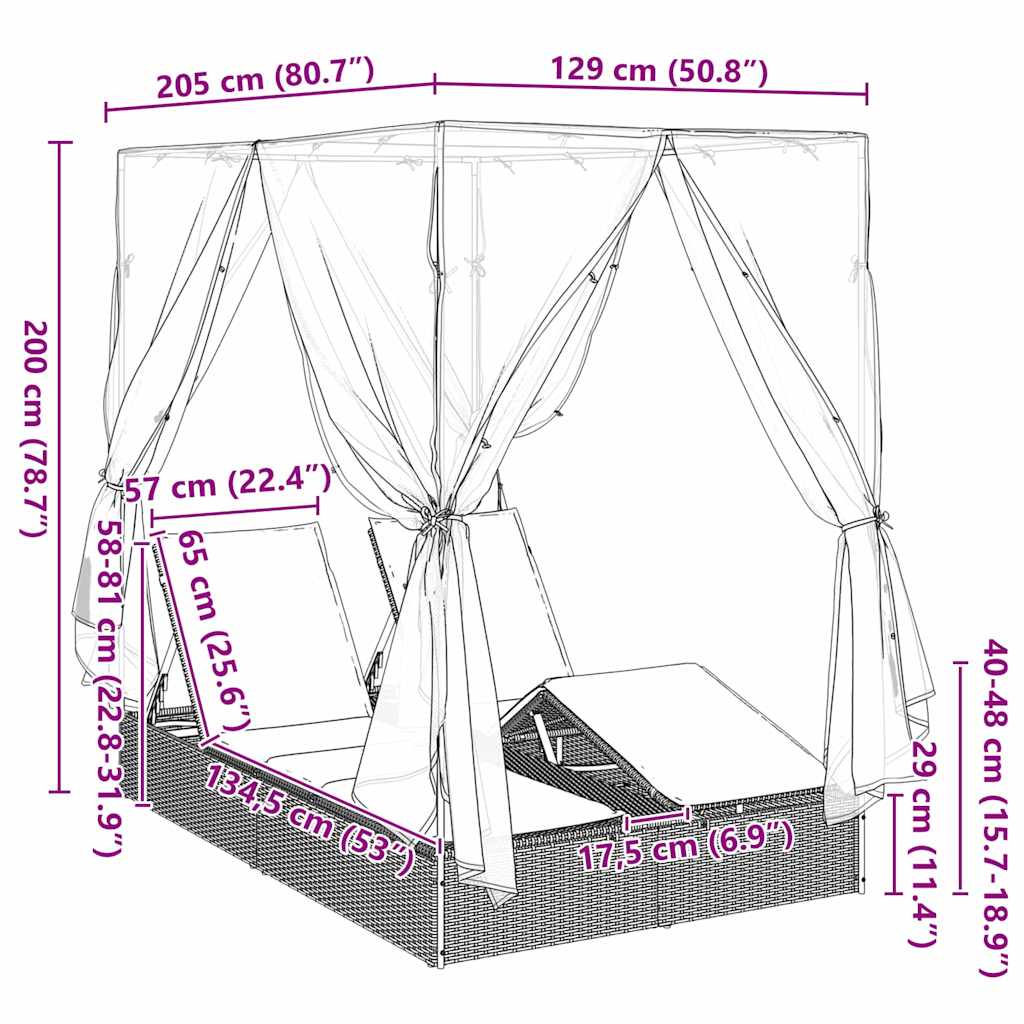 vidaXL Dubbele ligstoel Warmwit 205 x 129 x 200 cm poly rattan