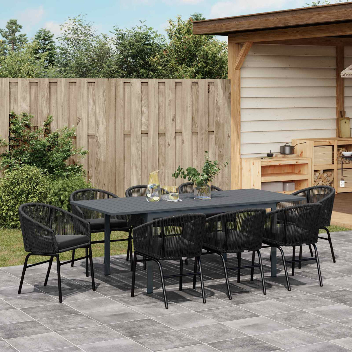 vidaXL Tuin Eettafel Set 9 pcs Zwart poly rattan
