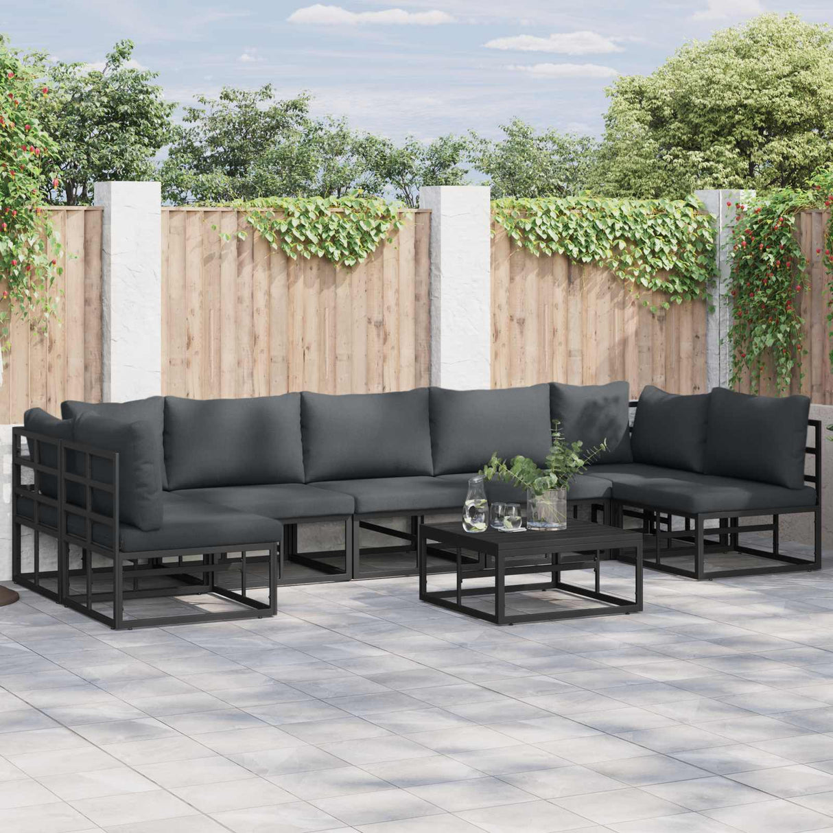 vidaXL Tuinbank Set met kussen 7 pcs Zwart Aluminium
