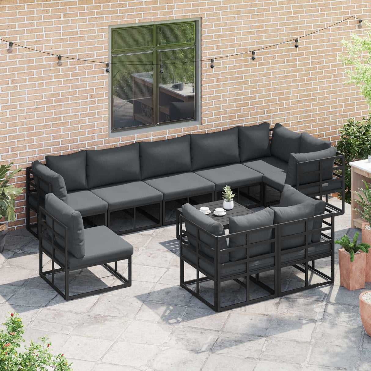 vidaXL Tuinbank Set met kussen 9 pcs Zwart Aluminium