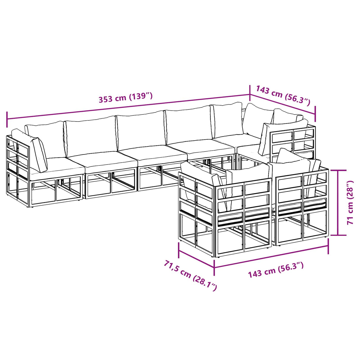 vidaXL Tuinbank Set met kussen 8 pcs Zwart Aluminium