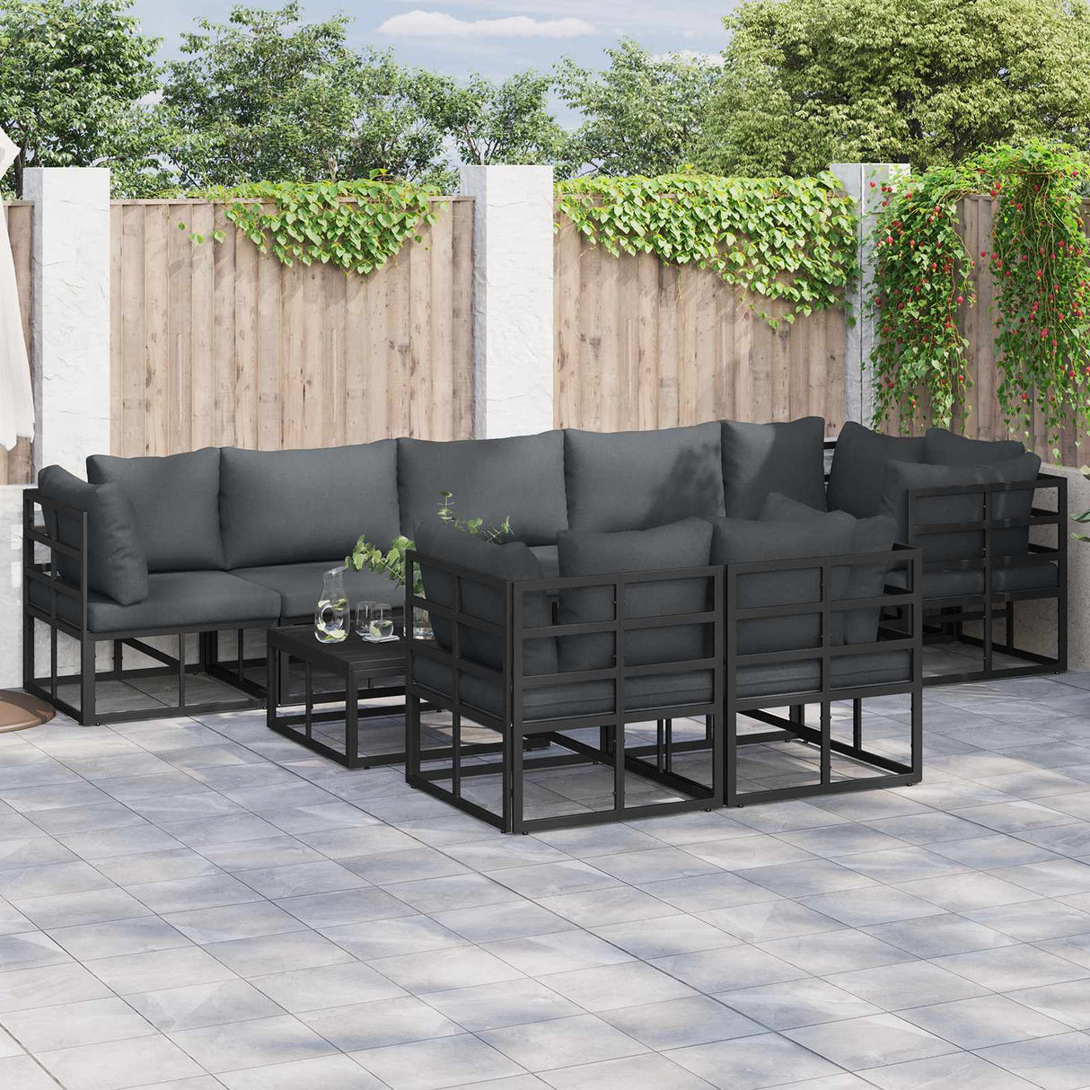 vidaXL Tuinbank Set met kussen 8 pcs Zwart Aluminium