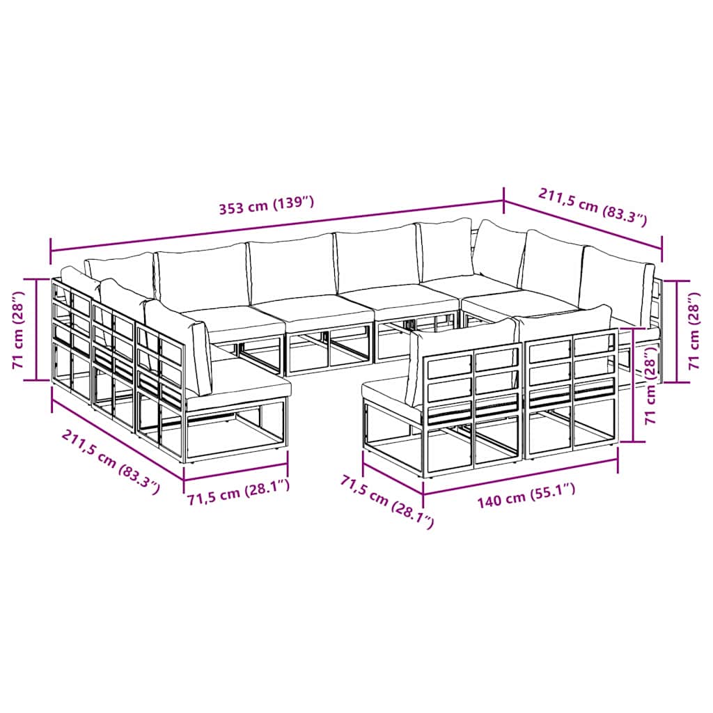 vidaXL Tuinbank Set met kussen 11 pcs Zwart Aluminium