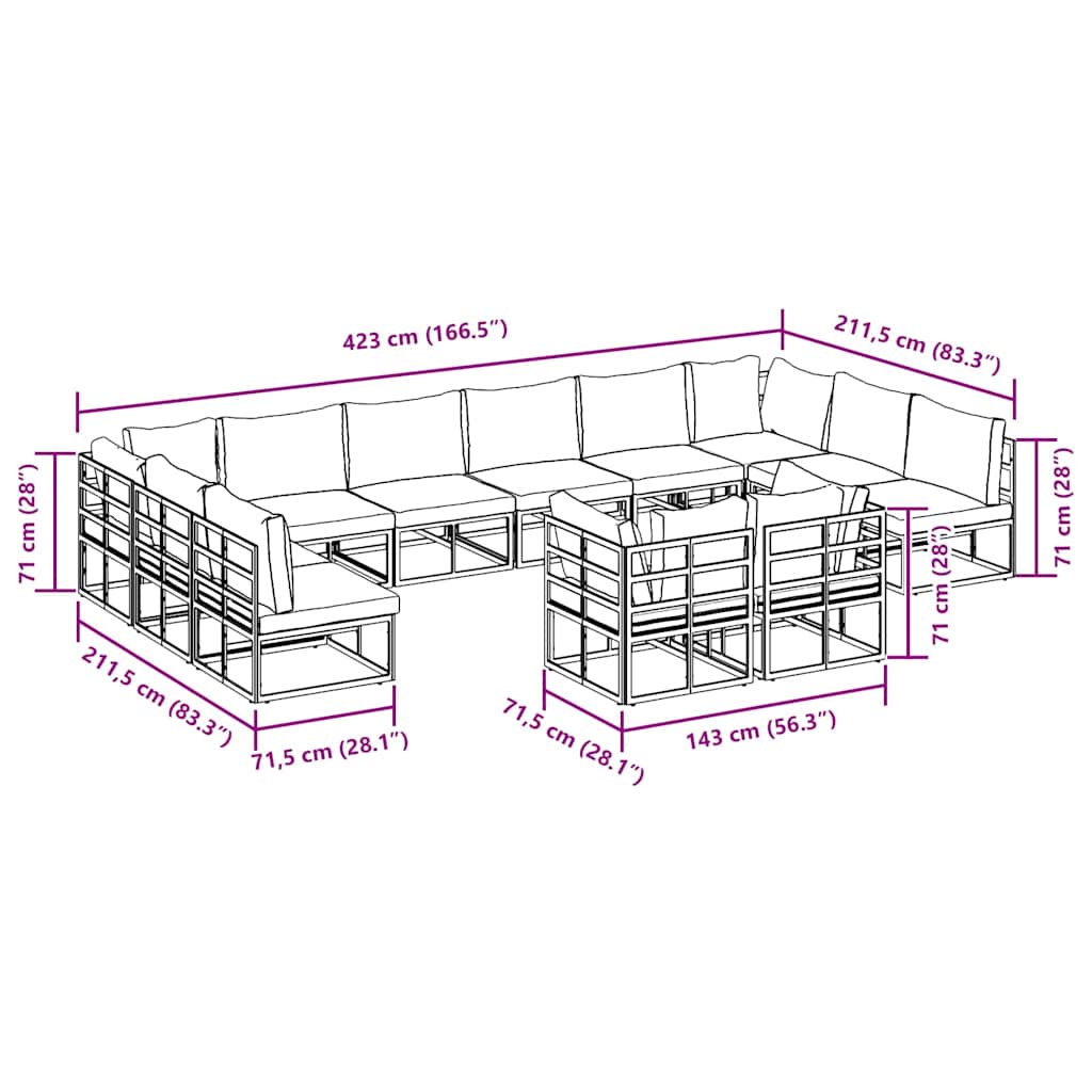 vidaXL Tuinbank Set met kussen 12 pcs Zwart Aluminium