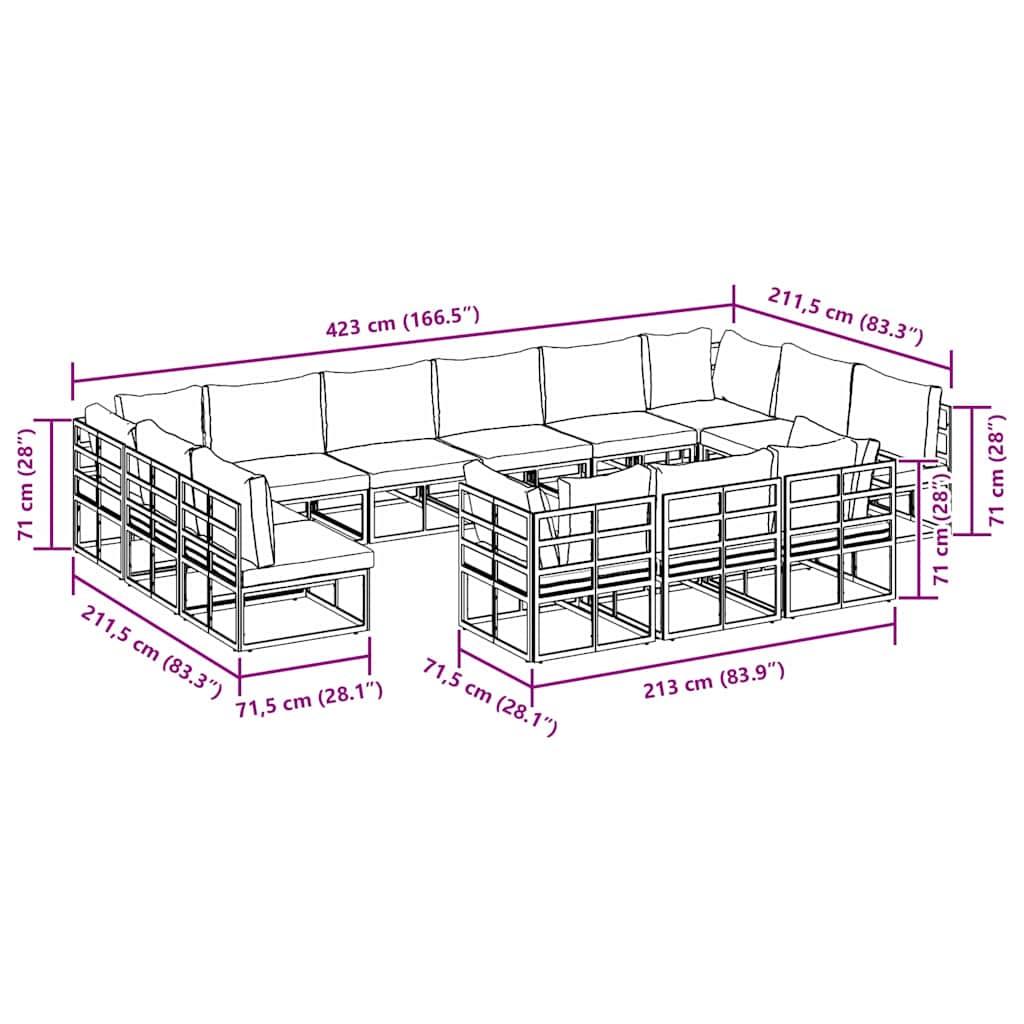 vidaXL Tuinbank Set met kussen 13 pcs Zwart Aluminium