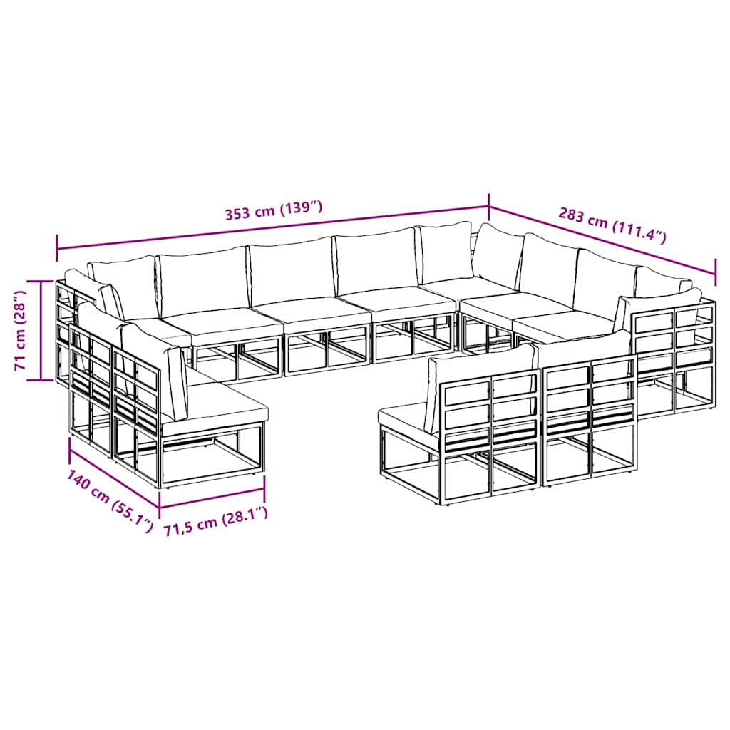 vidaXL Tuinbank Set met kussen 12 pcs Zwart Aluminium