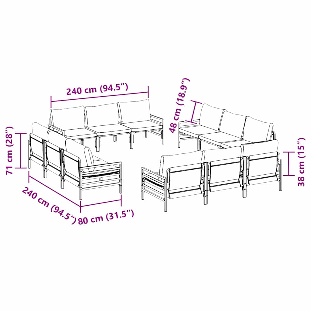 vidaXL Tuinbank Set met kussen 12 pcs Zwart Staal
