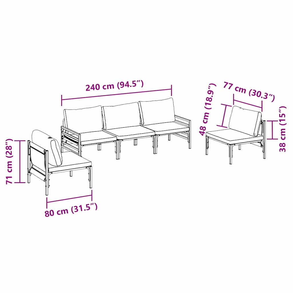 vidaXL Tuinbank Set met kussen 5 pcs Zwart Staal