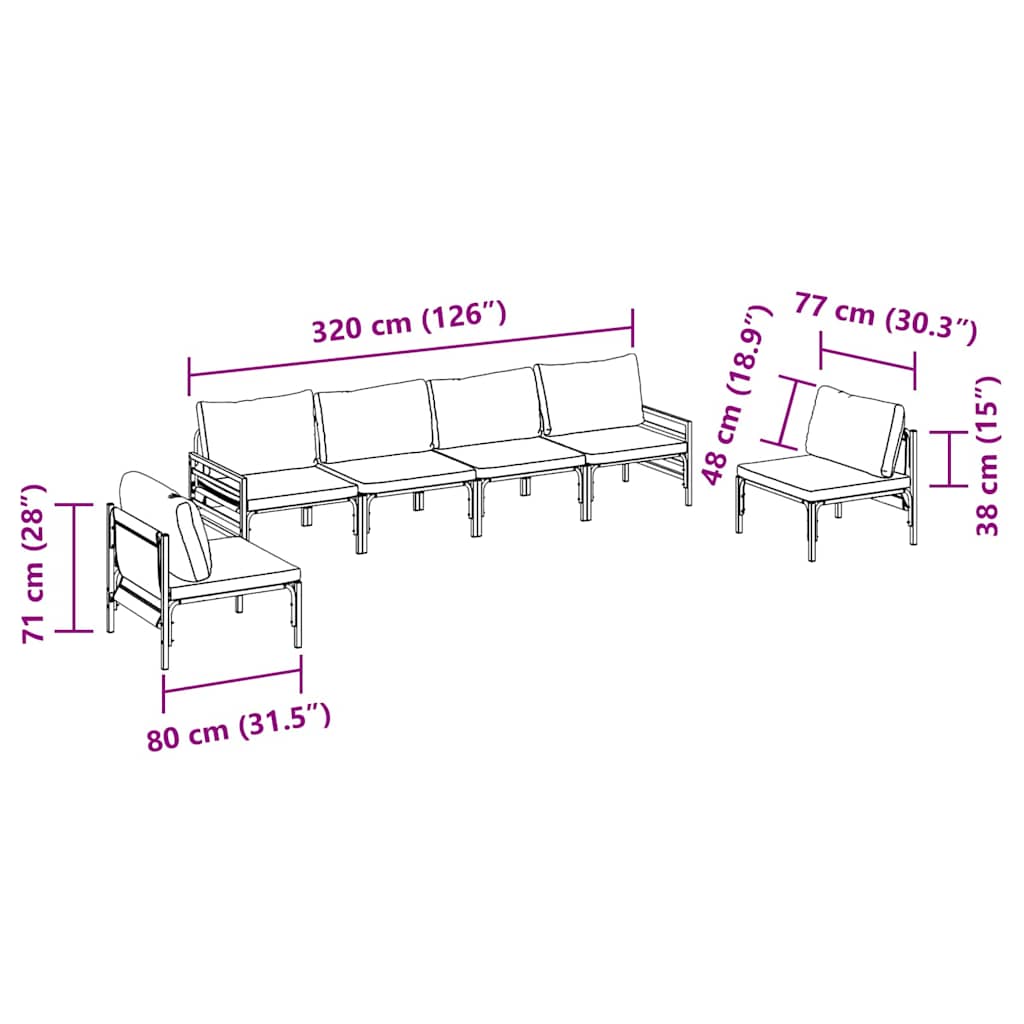 vidaXL Tuinbank Set met kussen 6 pcs Zwart Staal