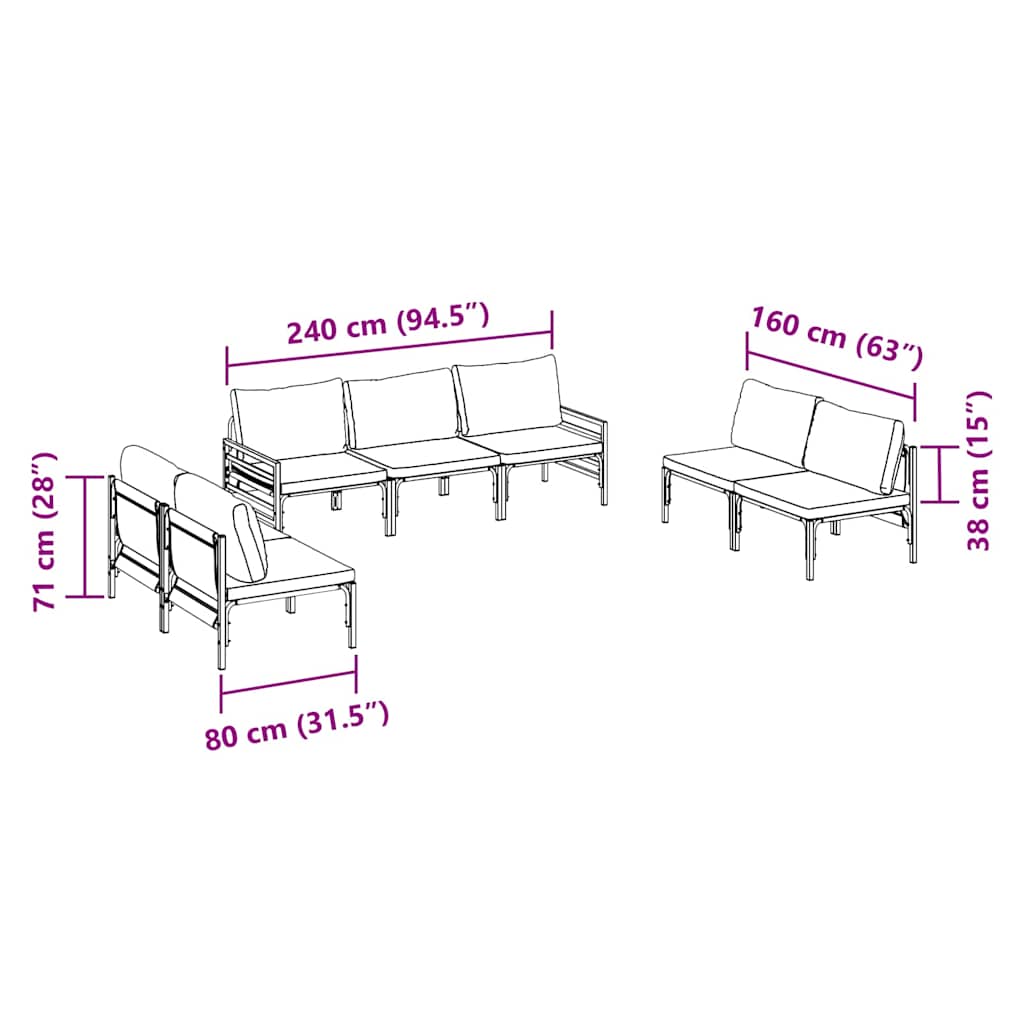 vidaXL Garden Sofa Set with Cushion 7 pcs Black Steel