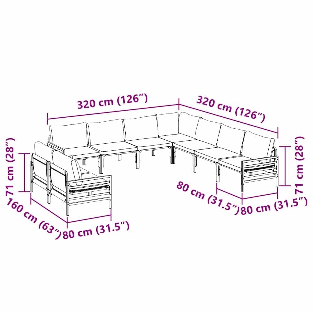 vidaXL Garden Bench Set with Cushion 9 pcs Black Steel