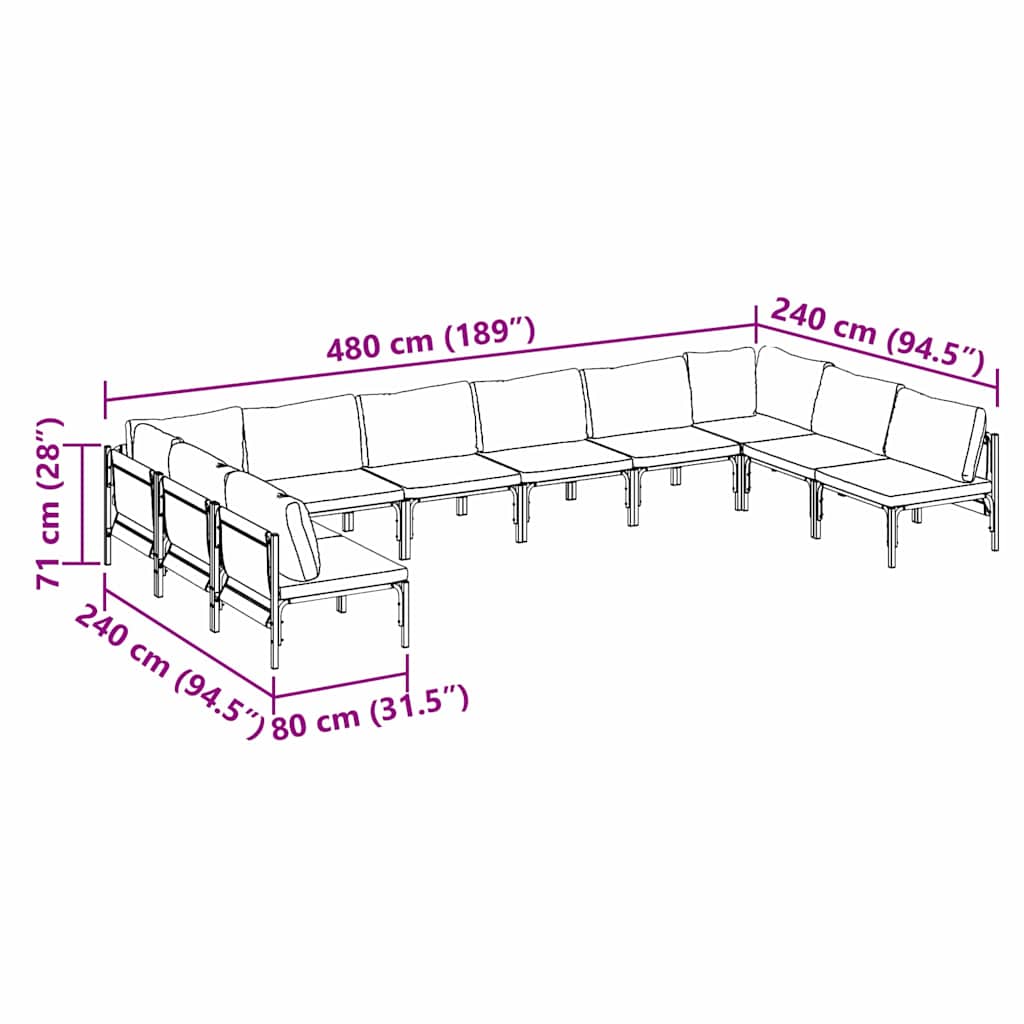 vidaXL Tuinbank Set met kussen 10 pcs Zwart Staal